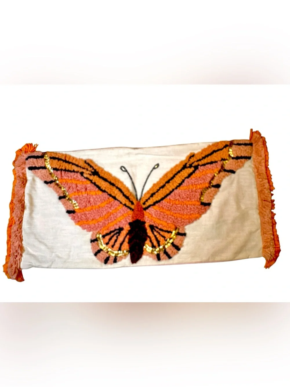 Dillards Studio D Tufted  Embroidered Butterfly Fringed Lumbar Pillowcase 12x24”